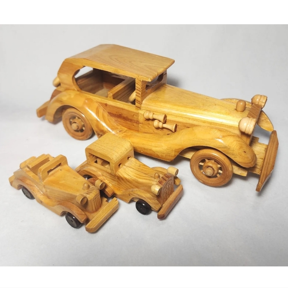 3 VTG Wood Cars Rolls Royce Auto Hand Crafted Models Toys Automobile 10" & 4"